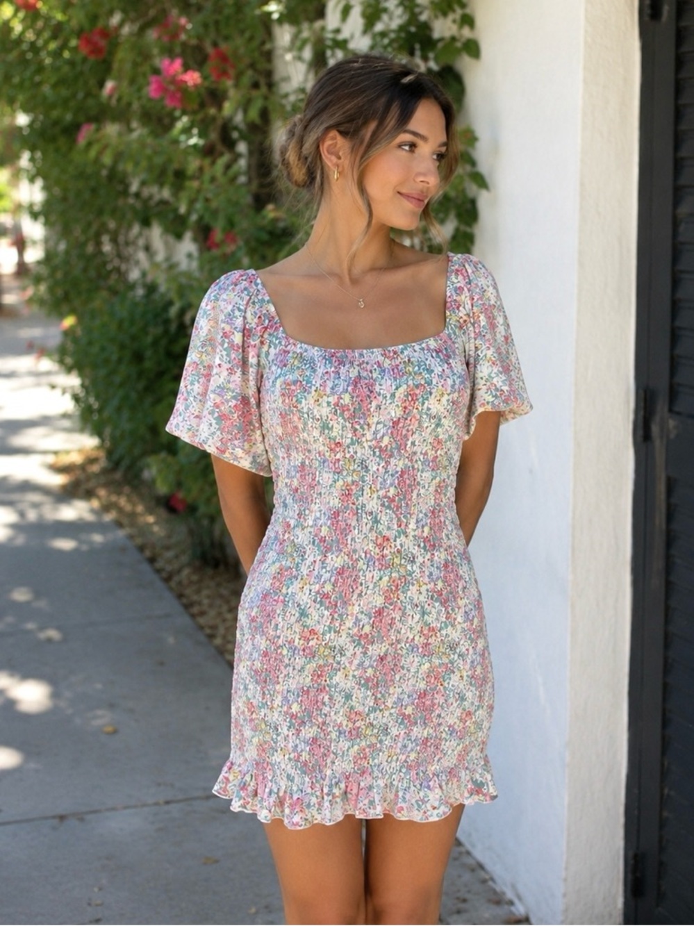 Pink Lily Woman’s Floral Print Stretchy Easter Spring Scrunch Dress Size Small